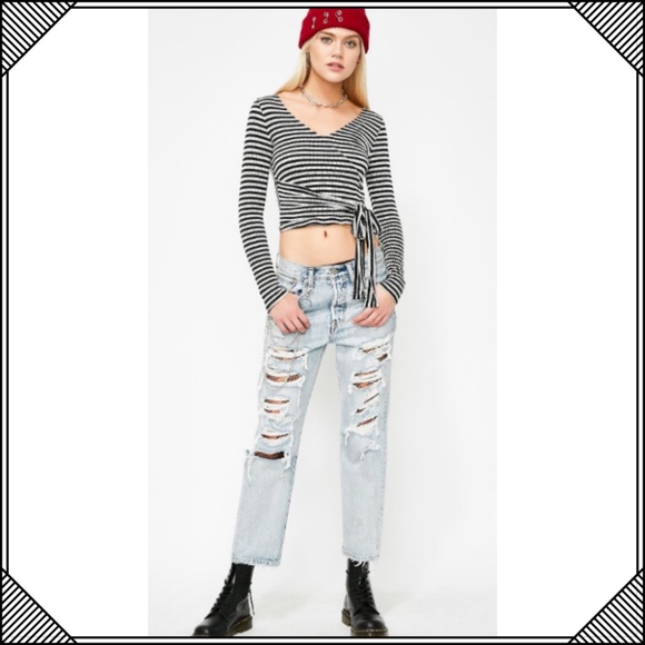 * Le Lis Wrap Top * Striped Cropped Shirt Stretch - Picture 2 of 7